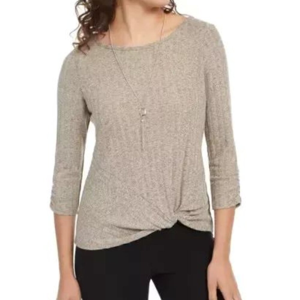 NEW! Women's twist knot hem 3/4 sleeve blouse shirt Women's XS~SAND color!